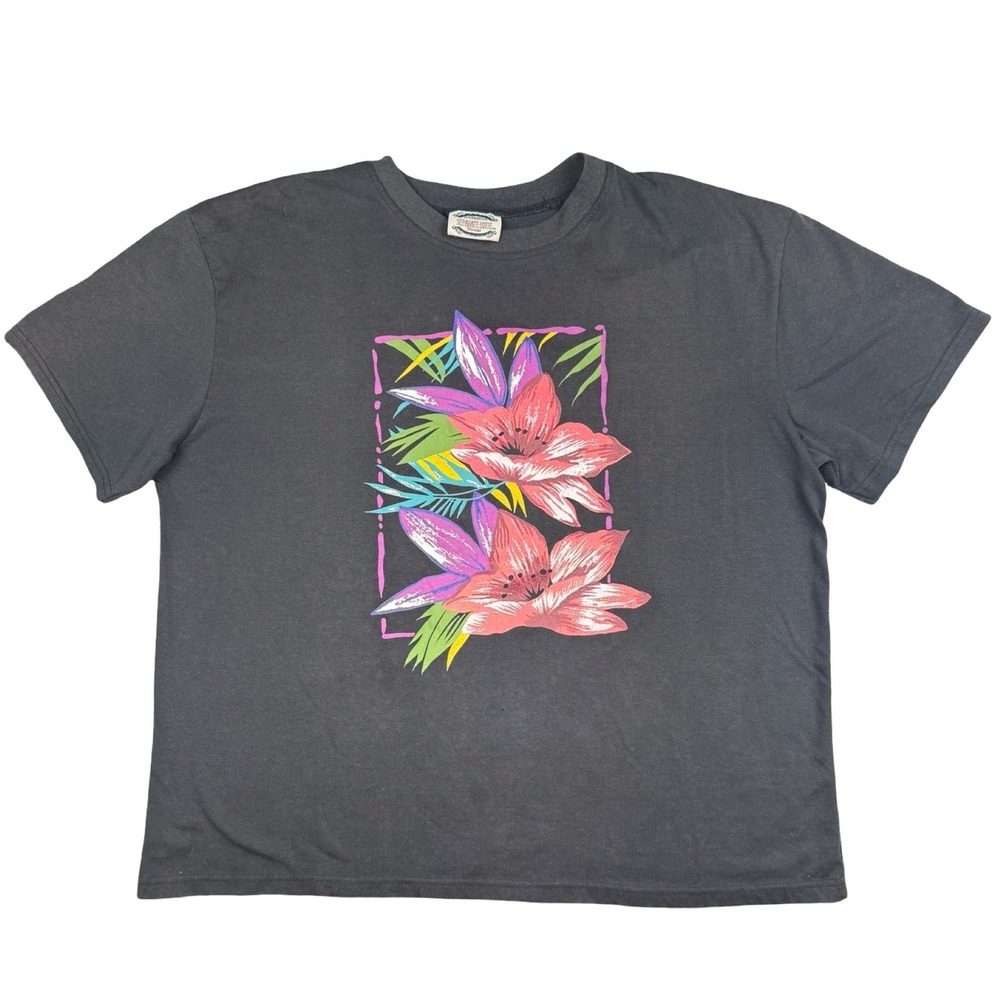 Vintage Floral Graphic T Shirt Womens L Black 90s Retro Flowers Tee